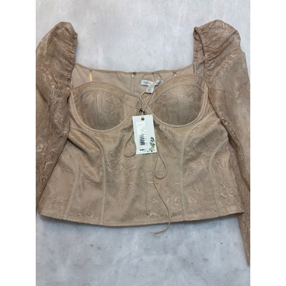 Chelsea & Violet Lace Corset Top Tan Beige Puff Sleeve Bustier Size 12 NEW - Picture 6 of 14